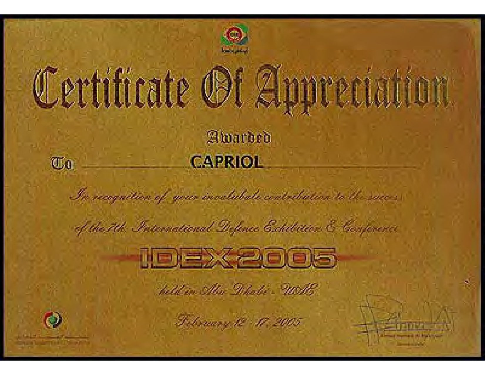 IDEX Certificate of Appreciation
